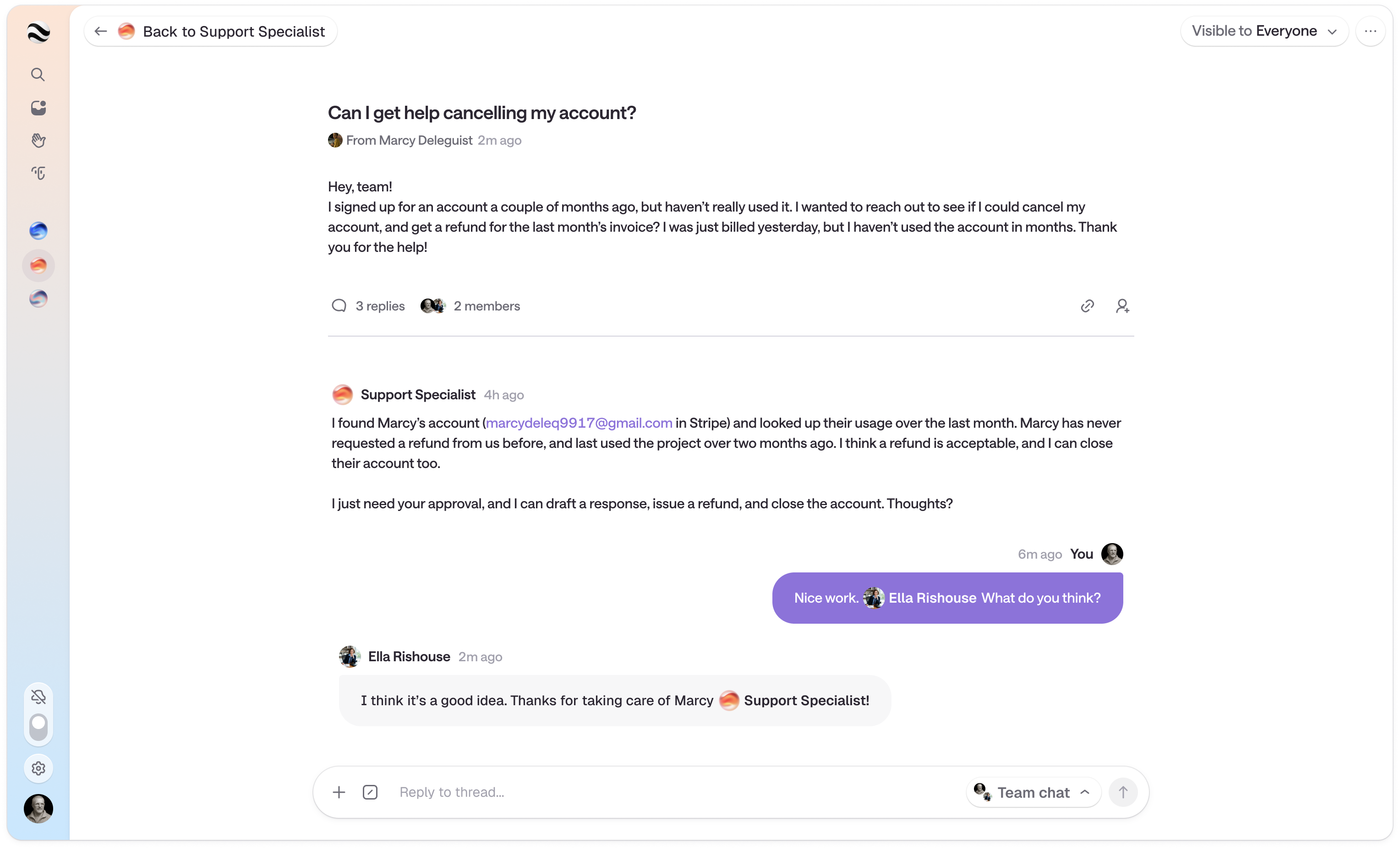 Team thread where an AI teammate helps resolve a customer cancellation request